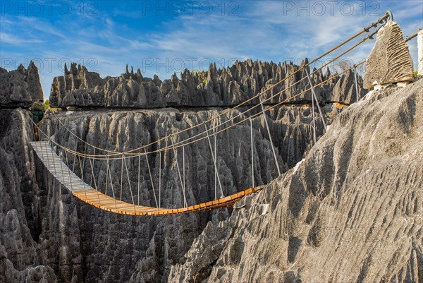 Hanging bridge over the Tsingys in the Unesco world heritage sight Tsingy de Bemaraha Strict Nature Reserve