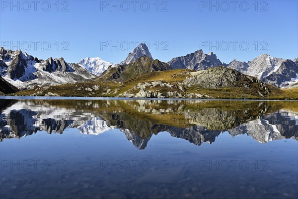 Mont Blanc and Grand Jorass reflected in Lac de Fenetre