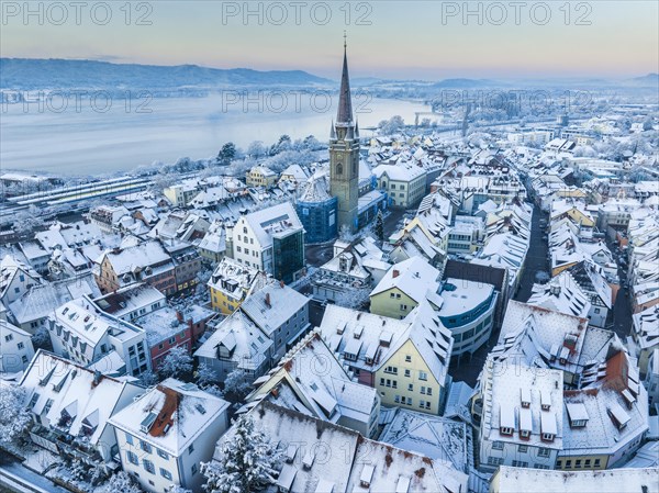 Aerial view of the town of Radolfzell on Lake Constance on a cold winter morning