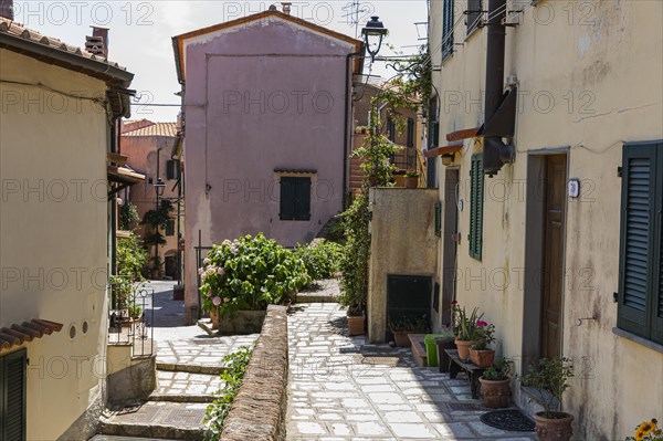 Narrow alley with pastel-coloured house facades