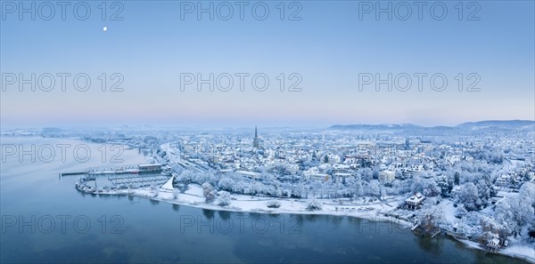 Aerial view of the town of Radolfzell on Lake Constance on a cold winter morning