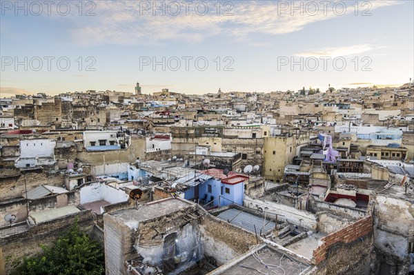 Aerial panoramic view of historic downtown called medina at sunset