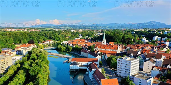 The Iller from above. Aerial view of the old town of Kempten with a view of the Alps. Kempten