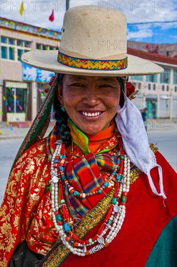 Traditional dressed woman on the festival of the tribes in Gerze Western Tibet