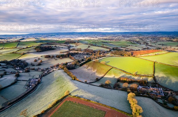 Frosty fields and farms from a drone