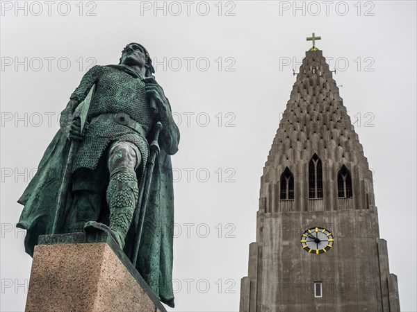 Statue of the first explorer of America Leifur Eiriksson in front of Hallgrimskirkja