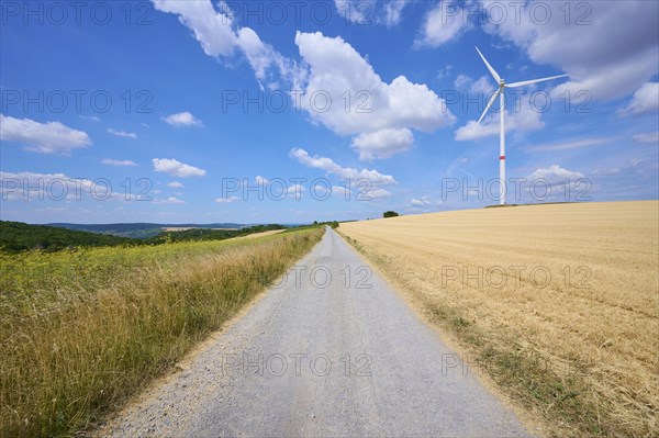 Dirt road in landscape with wind turbine in summer