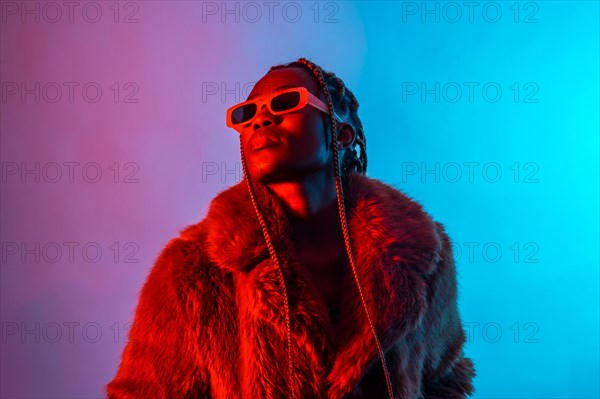 Black ethnic woman with braids with red and blue led lights