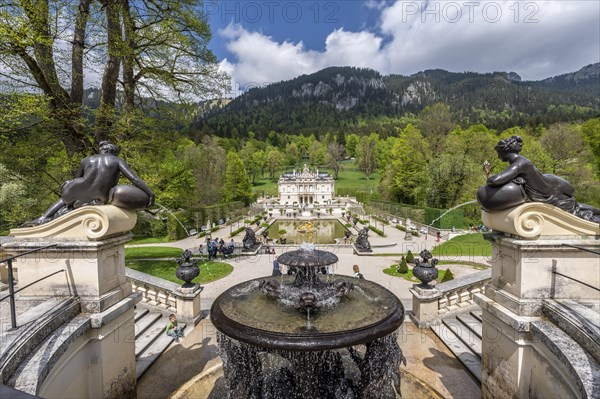 Royal Villa Linderhof Palace with fountain at the Temple of Venus