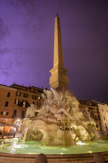 Four-flow fountain in Piazza Navona during a thunderstorm