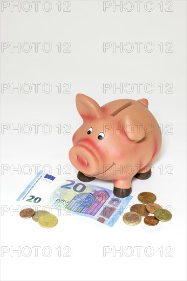 Pink piggy bank with euro note and coins