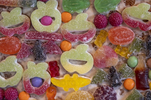 Close-up of sweets on a gingerbread house as texture or background