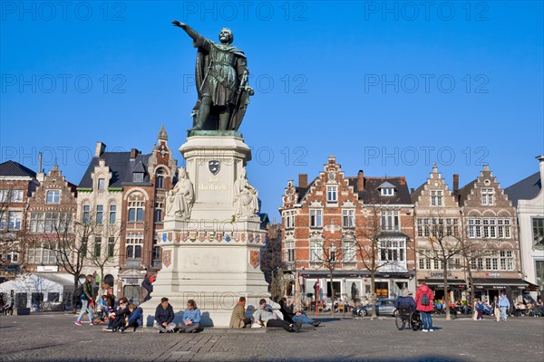 Vrijdagmarkt Square with Jacob Van Arteveld Sculpture and Traditional Houses in the Old Town