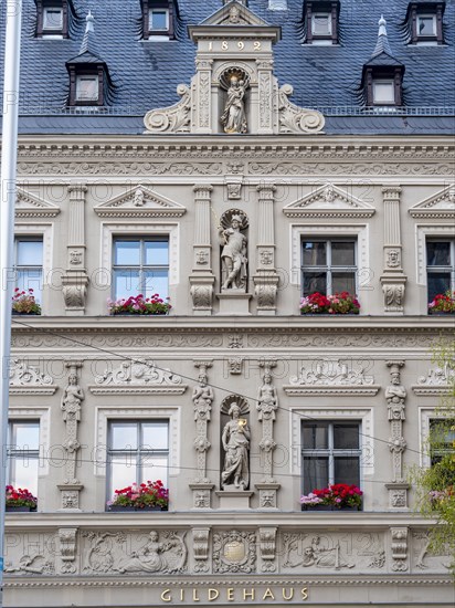 Splendid facade decoration on the Renaissance building at Fischmarkt