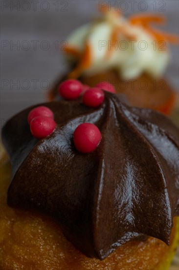 Assortment of chocolate and cream and carrot cupcakes on various backgrounds