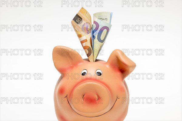 Pink piggy bank with euro notes