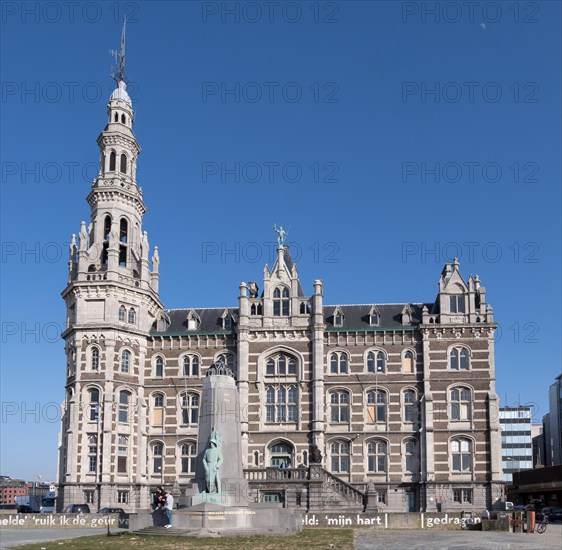 Monument to killed Belgian seamen in front of government building Loodswezen on the banks of the Scheldt