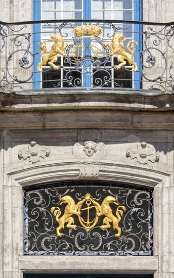 Coat of arms above the entrance door on the balcony of the town hall in Duesseldorf's old town