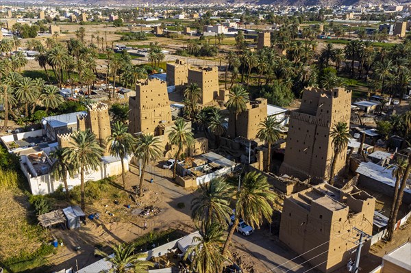 Aerial of traditional build mud towers used a living homes