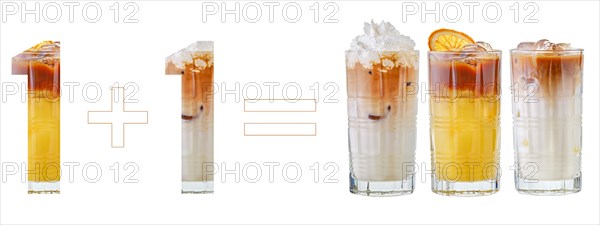 Concept of discount or bonus for drinks. Buy two and get three. Refreshing cold drinks with coffee