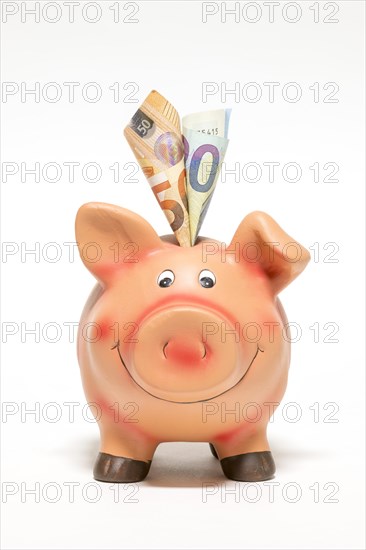 Pink piggy bank with euro notes