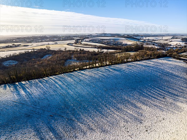 Fields and Farms shrouded in frost from a drone