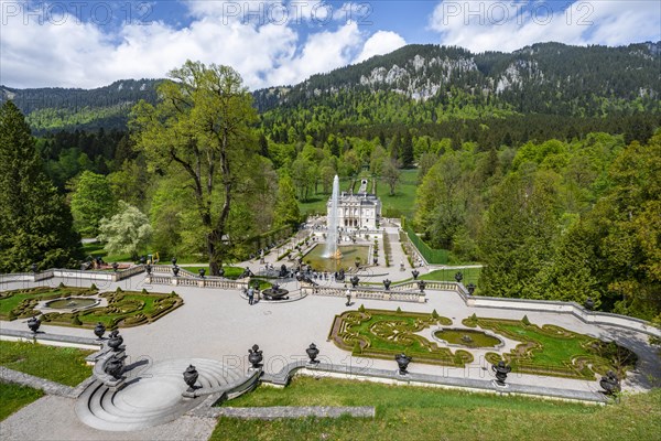 Royal Villa Linderhof Palace with fountain and terraced gardens