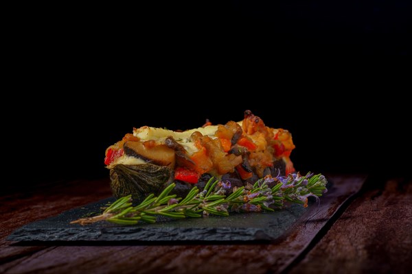 Eggplants stuffed with meat and vegetables with rosemary branch in flower and tomato cut on a black background