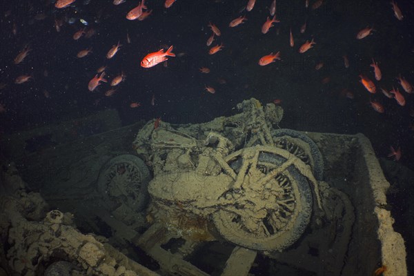 Motorbikes from the Second World War in the hold of the Thistlegorm. Dive site Thistlegorm wreck