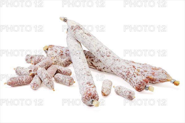 Assortment of fermented sausage covered with white mold