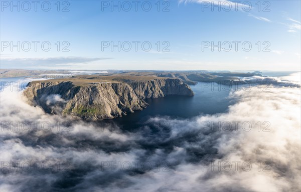 Panorama of the cliffs of the North Cape with foggy atmosphere