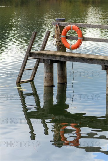 Jetty with lifebuoy Klostersee m Kloster Seeon