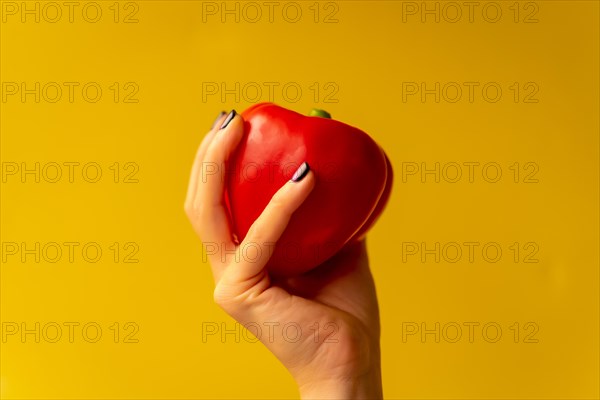 Woman's hand with a vegetable on a yellow background