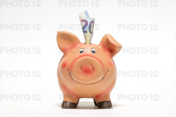 Pink piggy bank with euro note