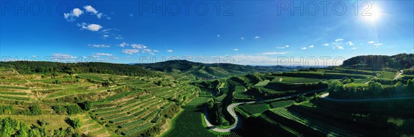 Aerial view of the Texas Pass at the Kaiserstuhl with a view of the vineyards. Oberbergen