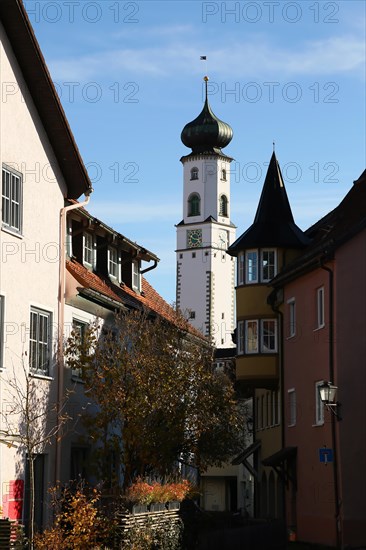 The historic old town of Isny im Allgaeu with a view of the Blaserturm. Isny im Allgaeu