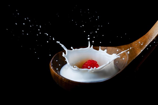 Fresh raspberry splashing milk on a wooden spoon