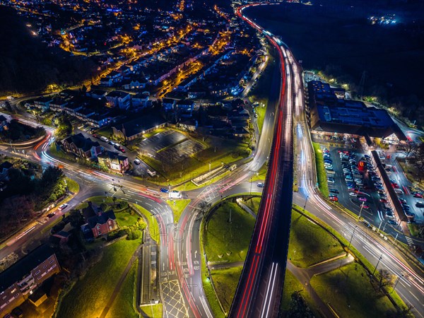 Night over Penn Inn Flyover and Roundabout in Newton Abbot from a drone