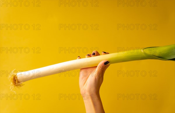 Woman's hand with a vegetable on a yellow background