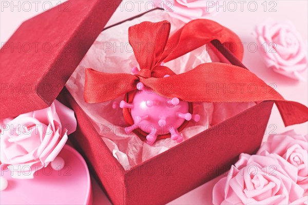 Valentine's day during Corona pandemic concept with virus model wrapped in ribbon in red gift box