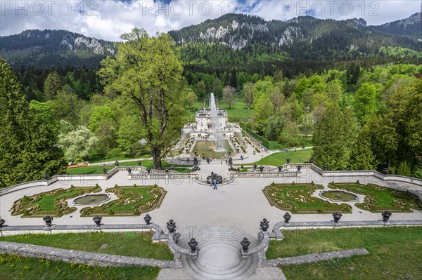 Royal Villa Linderhof Palace with fountain and terraced gardens