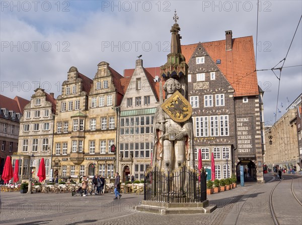 Bremen market square with the surrounding old buildings of the old town and with UNESCO World Heritage Site Bremer Roland
