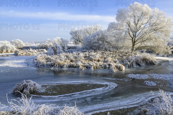 River landscape with hoarfrost and ice