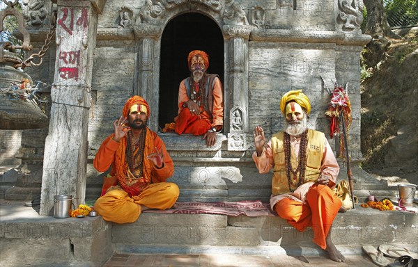 Praying sadhus in a shrine