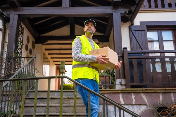A young delivery man with a box and in a protective uniform at the delivery of the online order