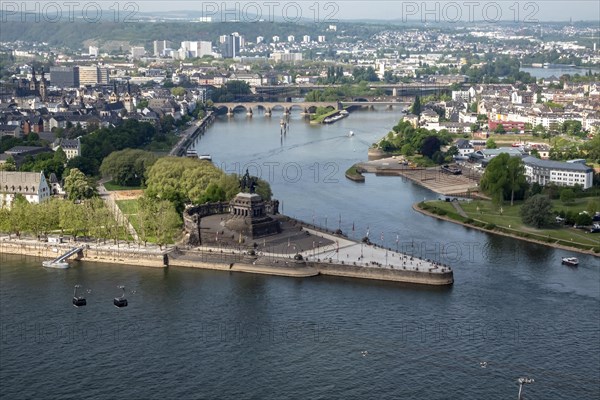 Deutsches Eck with Kaiser Wilhelm I monument and cable car cabins at the confluence of the Moselle and Rhine
