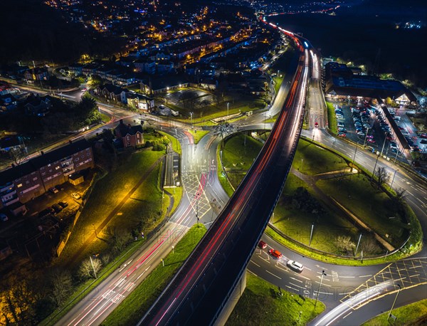 Night over Penn Inn Flyover and Roundabout in Newton Abbot from a drone