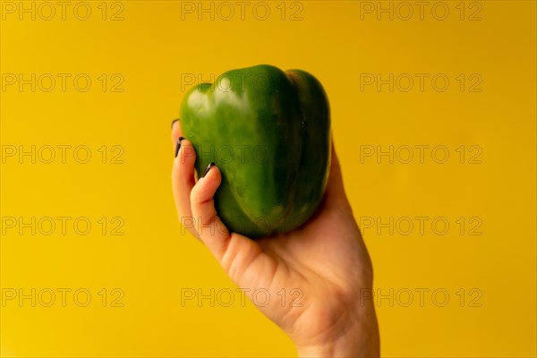 Woman's hand with a vegetable on a yellow background