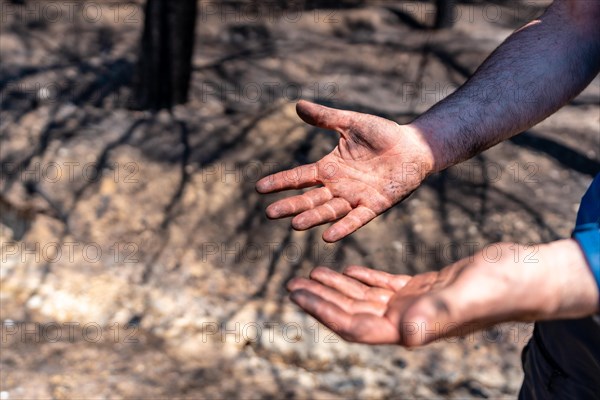 Hands of a firefighter man in the forest fire