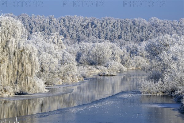 River landscape with hoarfrost and ice